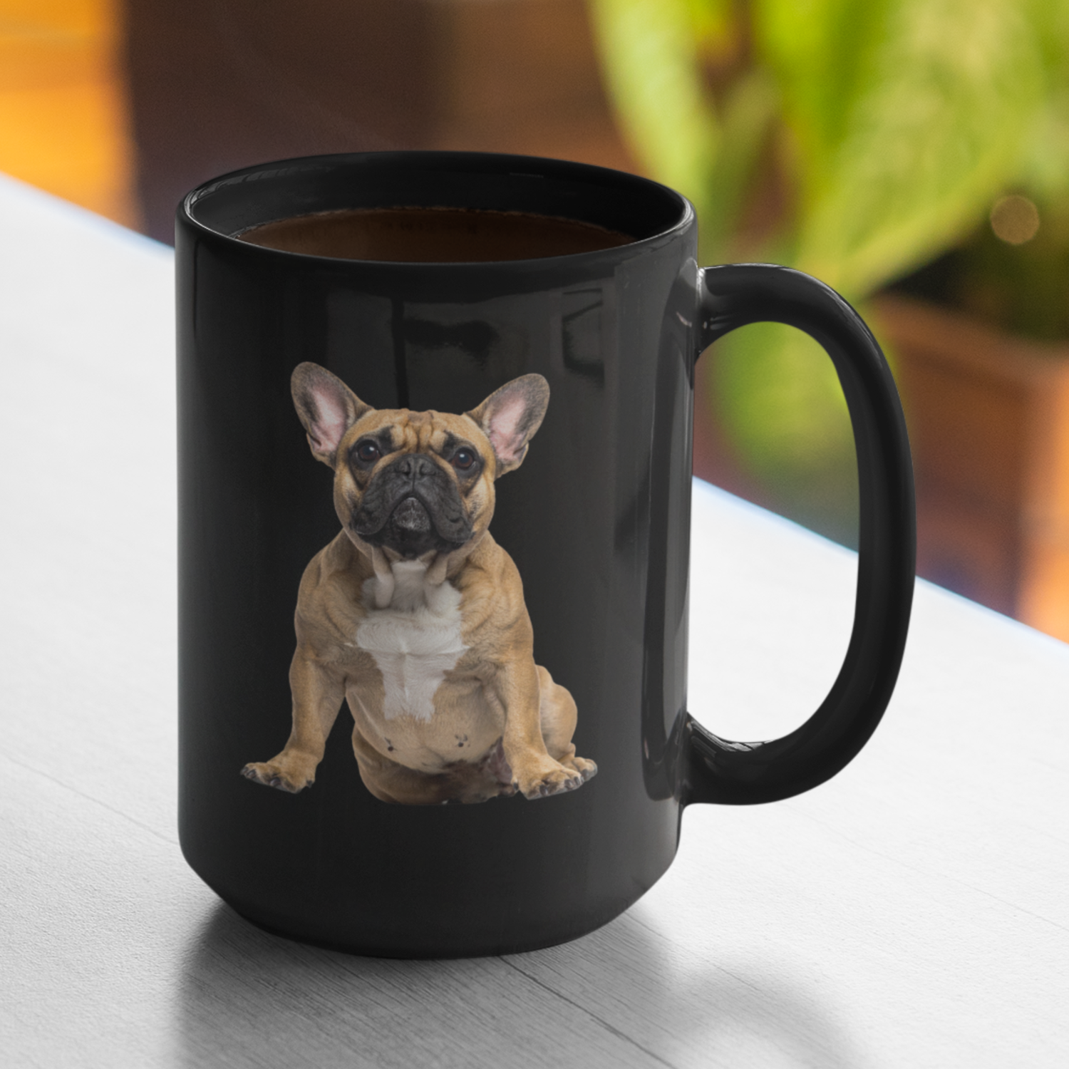 Fawn French Bulldog design on black glossy ceramic mug, 15 oz