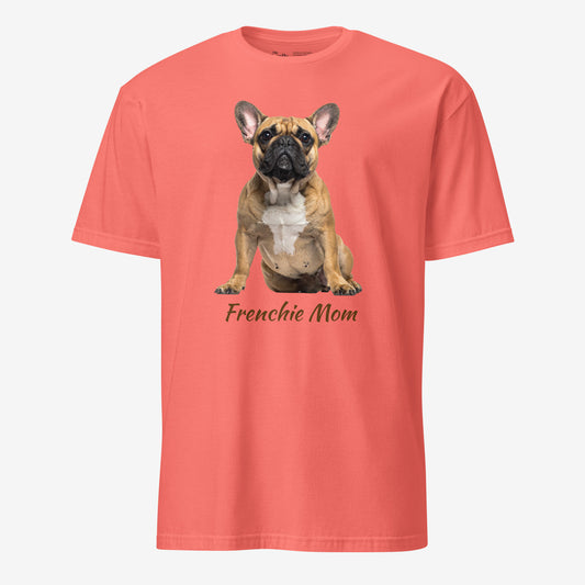 Frenchie Mom tee in coral silk – front view
