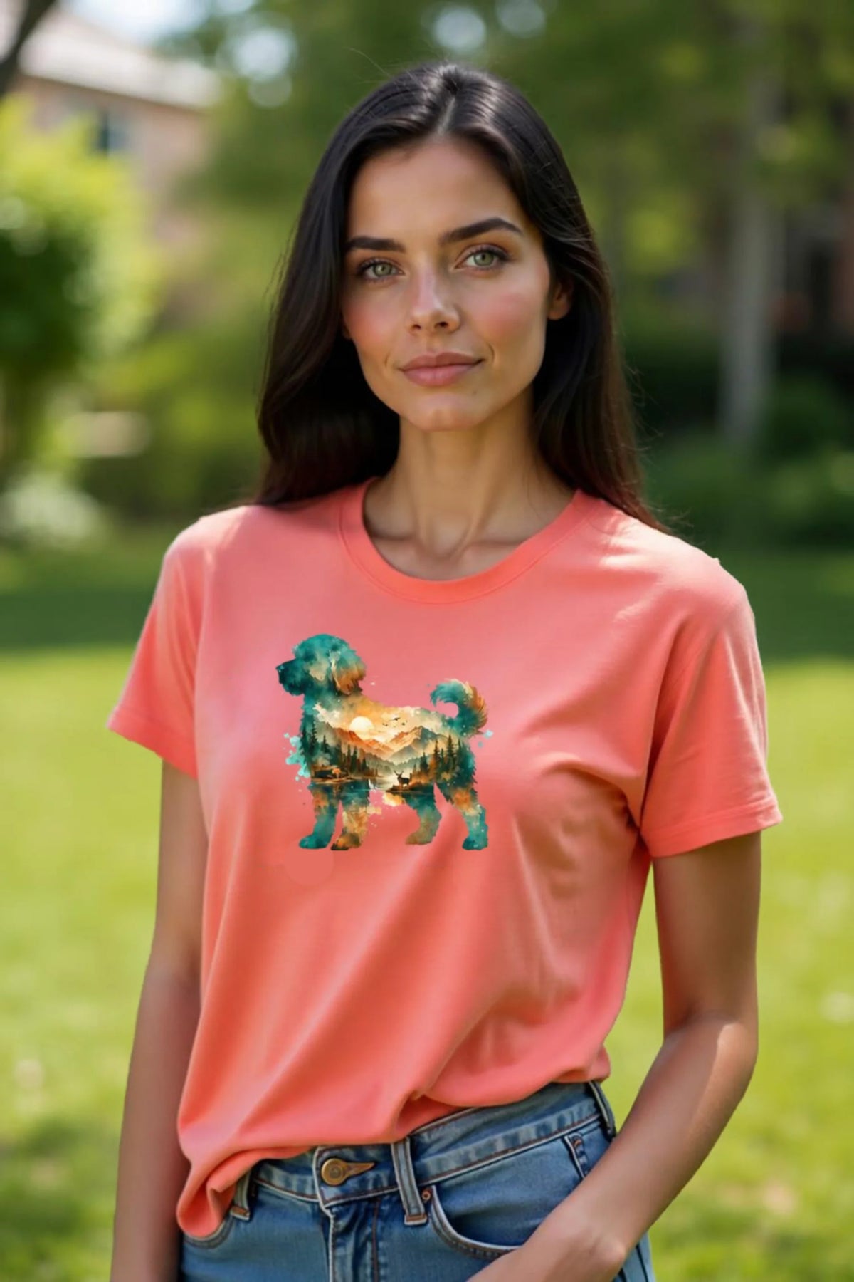 A woman wearing a coral silk colored short-sleeve crewneck t-shirt featuring a watercolor-style graphic of a goldendoodle dog silhouette filled with a scenic landscape of mountains, trees, and a lake on a blurred outdoor background.