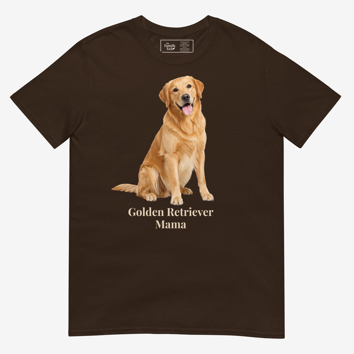 A dark chocolate short-sleeve crewneck t-shirt featuring a graphic print of a golden retriever dog sitting above the text 'Golden Retriever Mama' in a dark brown font on a light gray background.