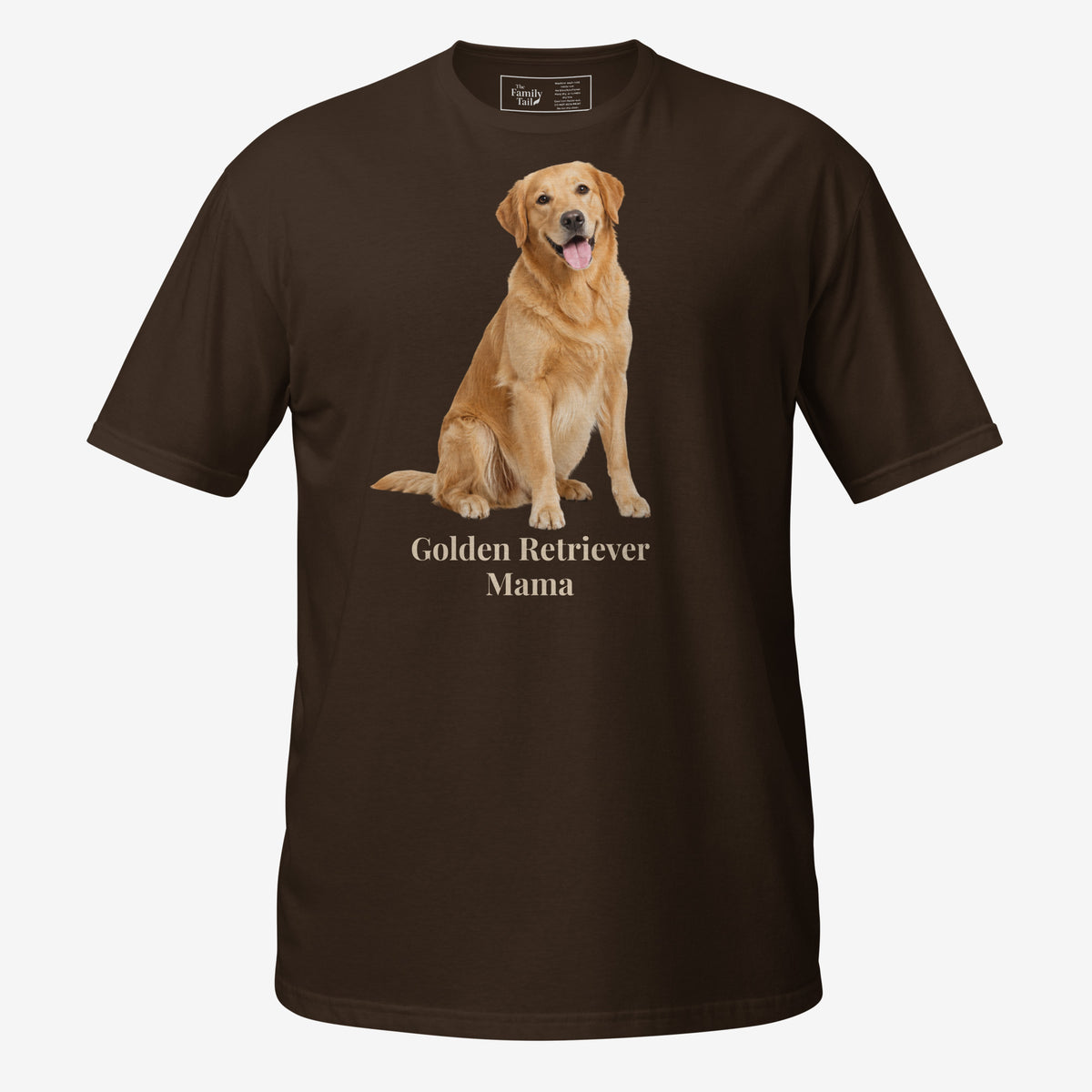 A dark chocolate short-sleeve crewneck t-shirt featuring a graphic print of a golden retriever dog sitting above the text 'Golden Retriever Mama' in a dark brown font on a light gray background.