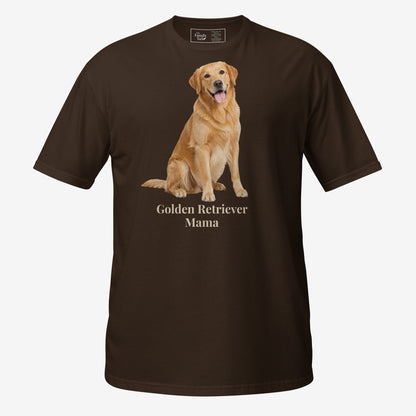 A dark chocolate short-sleeve crewneck t-shirt featuring a graphic print of a golden retriever dog sitting above the text 'Golden Retriever Mama' in a dark brown font on a light gray background.