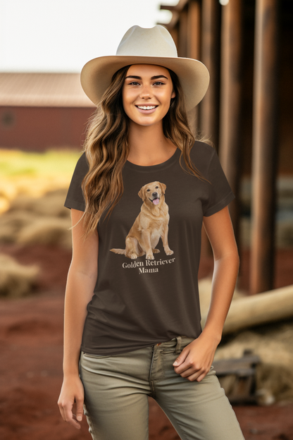 A woman wearing a dark chocolate graphic t-shirt with a golden retriever print and the text 'Golden Retriever Mama', paired with a light beige cowboy hat and khaki pants, standing in front of a rustic wooden barn.