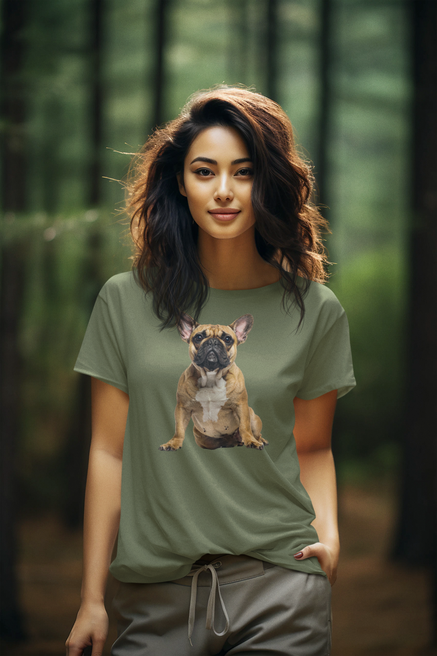 Fawn Frenchie tee in military green – front view