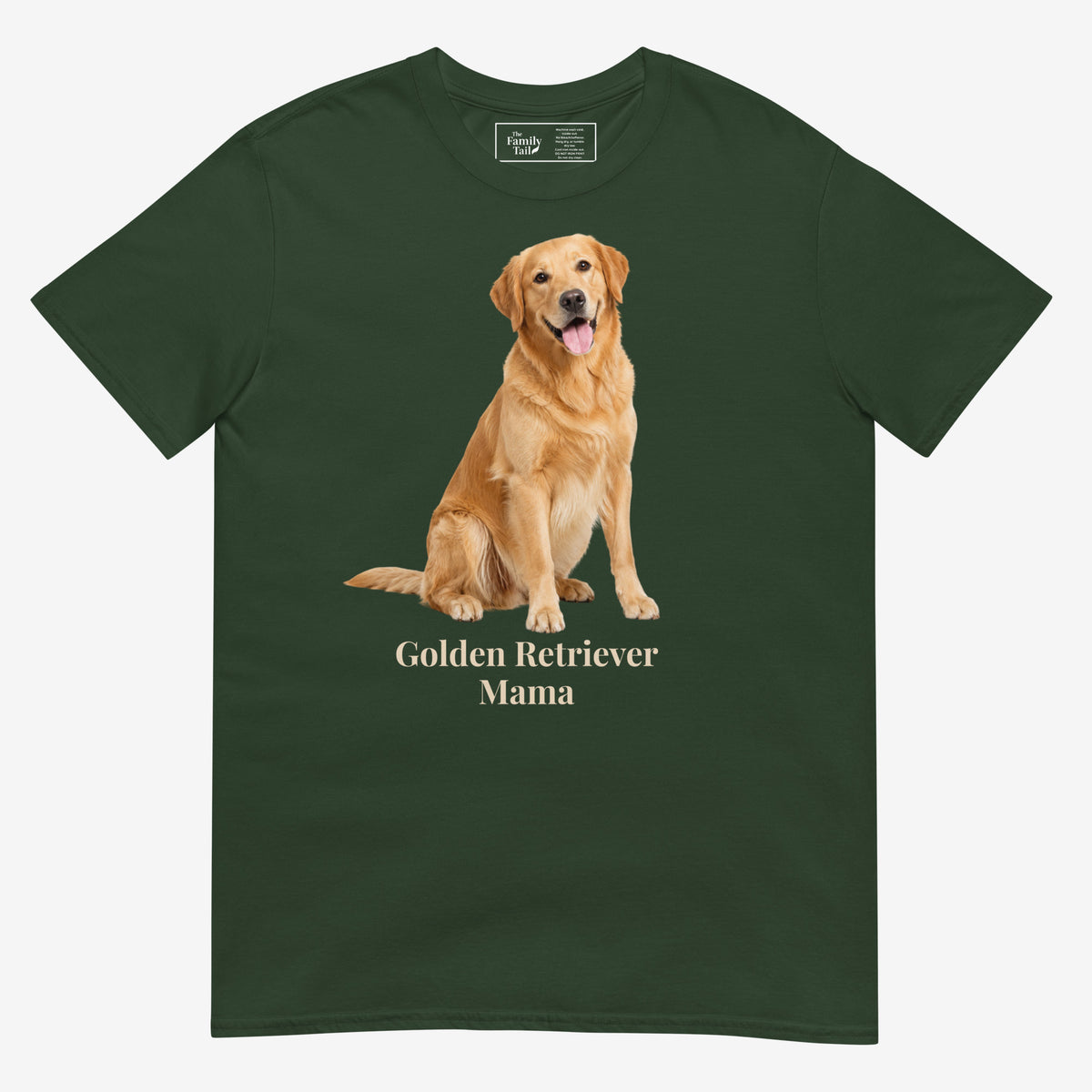 A forest green short-sleeve crewneck t-shirt featuring a graphic print of a golden retriever dog sitting above the text 'Golden Retriever Mama' in a dark brown font on a light gray background.
