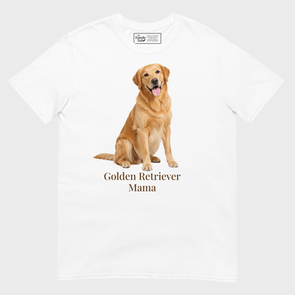 A white short-sleeve crewneck t-shirt featuring a graphic print of a golden retriever dog sitting above the text 'Golden Retriever Mama' in a dark brown font on a light gray background.