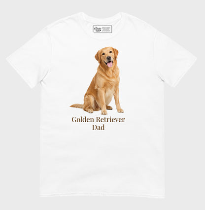 A white short-sleeve t-shirt with a graphic of a golden retriever dog sitting above the text 'Golden Retriever Dad' in dark brown font, shown on a light gray background.
