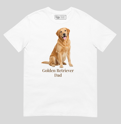 A white short-sleeve t-shirt with a graphic of a golden retriever dog sitting above the text 'Golden Retriever Dad' in dark brown font, shown on a light gray background.