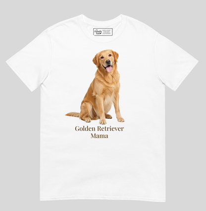A white short-sleeve crewneck t-shirt featuring a graphic print of a golden retriever dog sitting above the text 'Golden Retriever Mama' in a dark brown font on a light gray background.