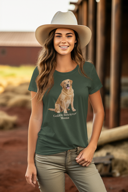 A woman wearing a forest green graphic t-shirt with a golden retriever print and the text 'Golden Retriever Mama', paired with a light beige cowboy hat and khaki pants, standing in front of a rustic wooden barn.