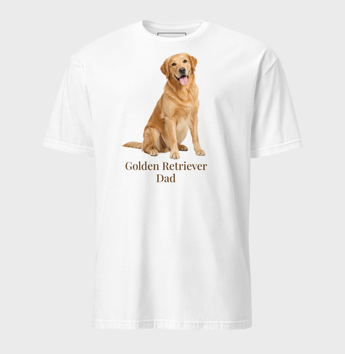 A white short-sleeve t-shirt with a graphic of a golden retriever dog sitting above the text 'Golden Retriever Dad' in dark brown font, shown on a light gray background.