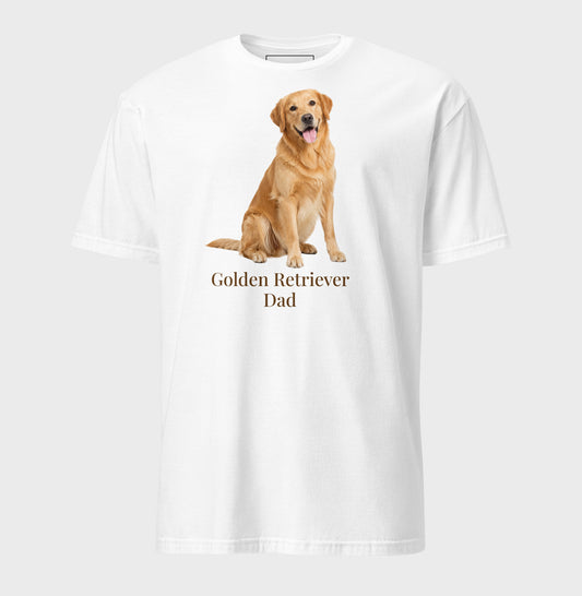 A white short-sleeve t-shirt with a graphic of a golden retriever dog sitting above the text 'Golden Retriever Dad' in dark brown font, shown on a light gray background.