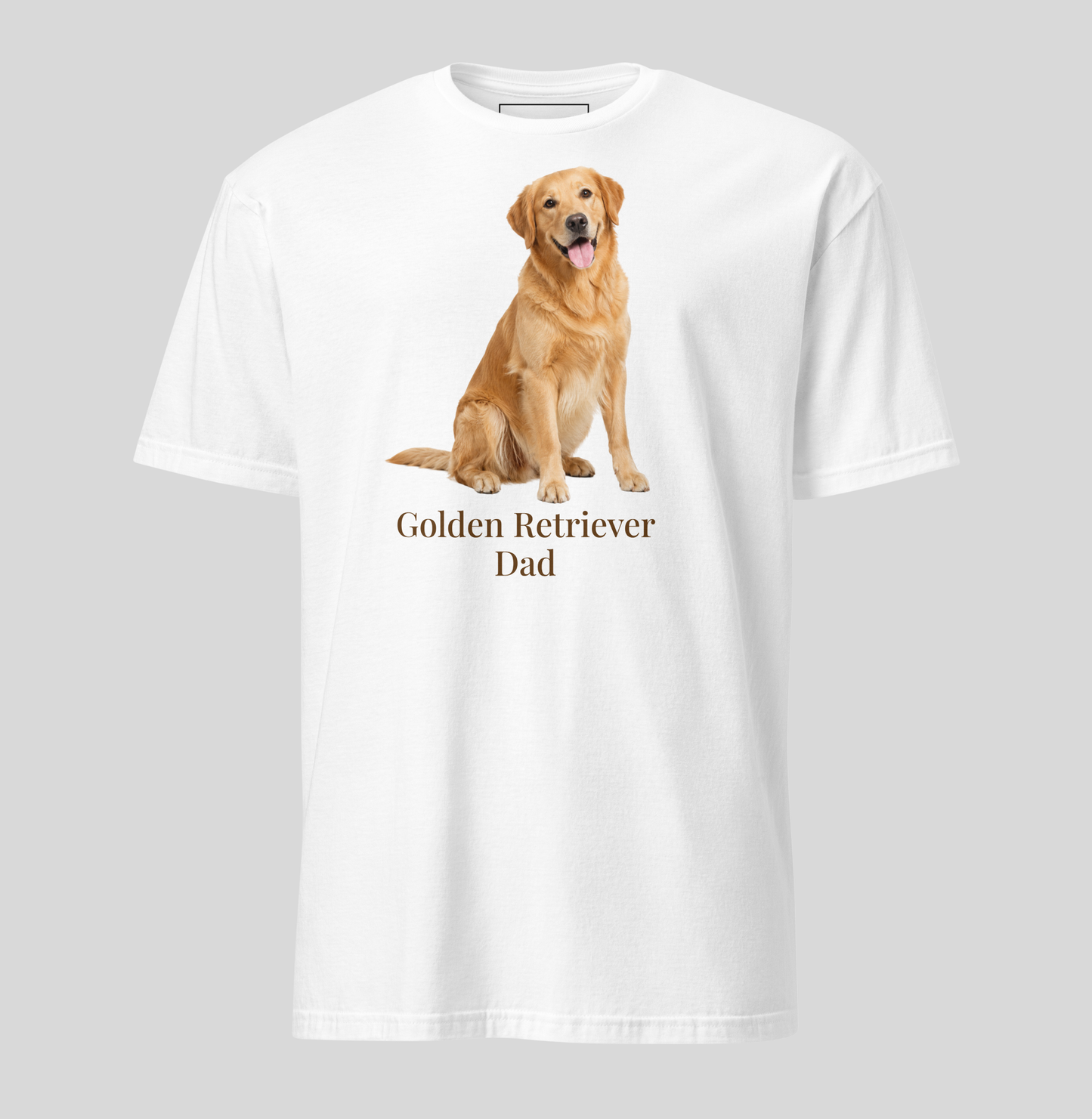 A white short-sleeve t-shirt with a graphic of a golden retriever dog sitting above the text 'Golden Retriever Dad' in dark brown font, shown on a light gray background.