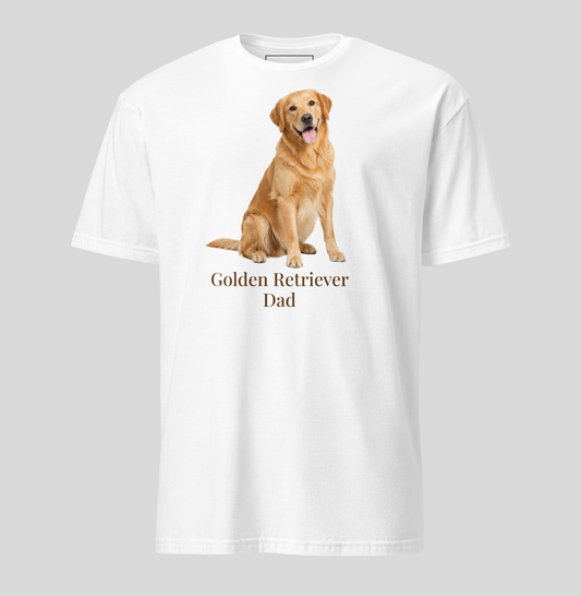 A white short-sleeve t-shirt with a graphic of a golden retriever dog sitting above the text 'Golden Retriever Dad' in dark brown font, shown on a light gray background.