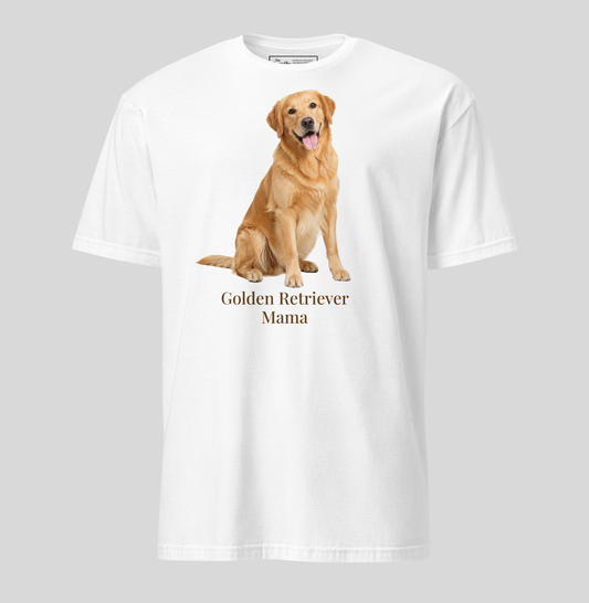 A white short-sleeve crewneck t-shirt featuring a graphic print of a golden retriever dog sitting above the text 'Golden Retriever Mama' in a dark brown font on a light gray background.
