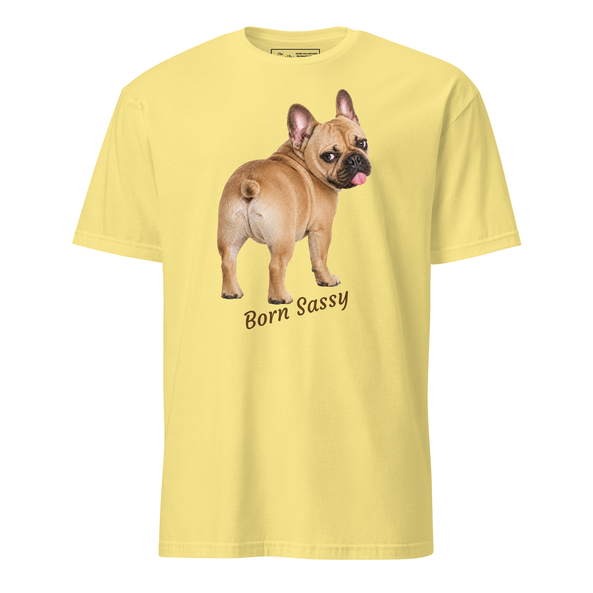 Frenchie Born Sassy tee in cornsilk – front view