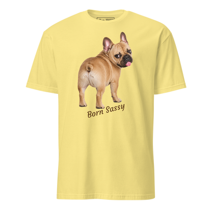 Frenchie Born Sassy tee in cornsilk – front view