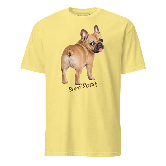 Frenchie Born Sassy tee in cornsilk – front view