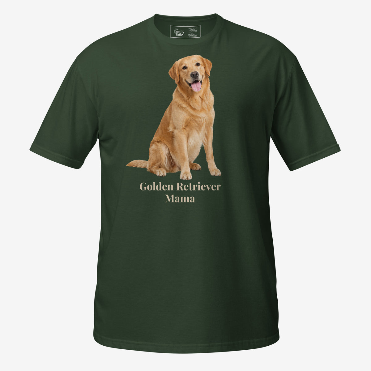 A forest green short-sleeve crewneck t-shirt featuring a graphic print of a golden retriever dog sitting above the text 'Golden Retriever Mama' in a dark brown font on a light gray background.