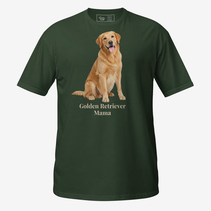 A forest green short-sleeve crewneck t-shirt featuring a graphic print of a golden retriever dog sitting above the text 'Golden Retriever Mama' in a dark brown font on a light gray background.
