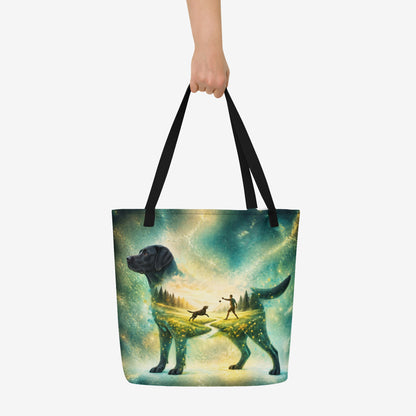 Black Labrador Retriever tote with double-exposure artwork of a person playing fetch beneath a glowing teal and gold sky.

