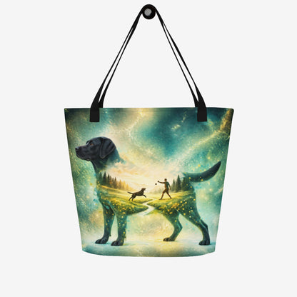 Black Labrador Retriever tote with double-exposure artwork of a person playing fetch beneath a glowing teal and gold sky.

