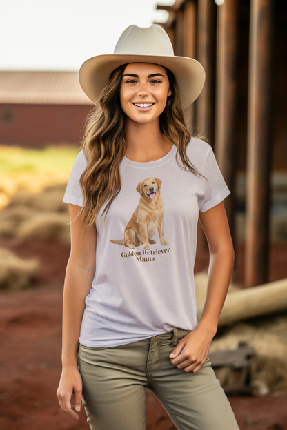 A woman wearing an ice gray graphic t-shirt with a golden retriever print and the text 'Golden Retriever Mama', paired with a light beige cowboy hat and khaki pants, standing in front of a rustic wooden barn.