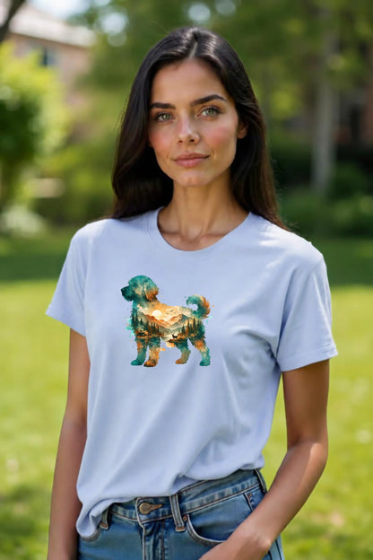 A woman wearing a light blue colored short-sleeve crewneck t-shirt featuring a watercolor-style graphic of a goldendoodle dog silhouette filled with a scenic landscape of mountains, trees, and a lake on a blurred outdoor background.