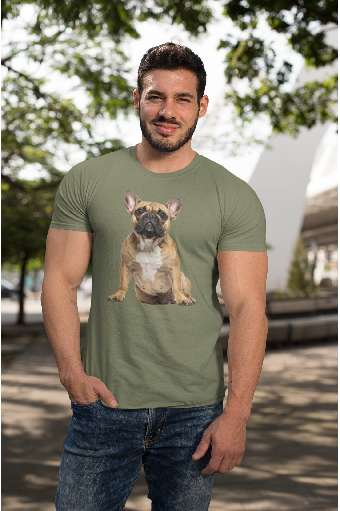 Fawn Frenchie tee in military green – front view