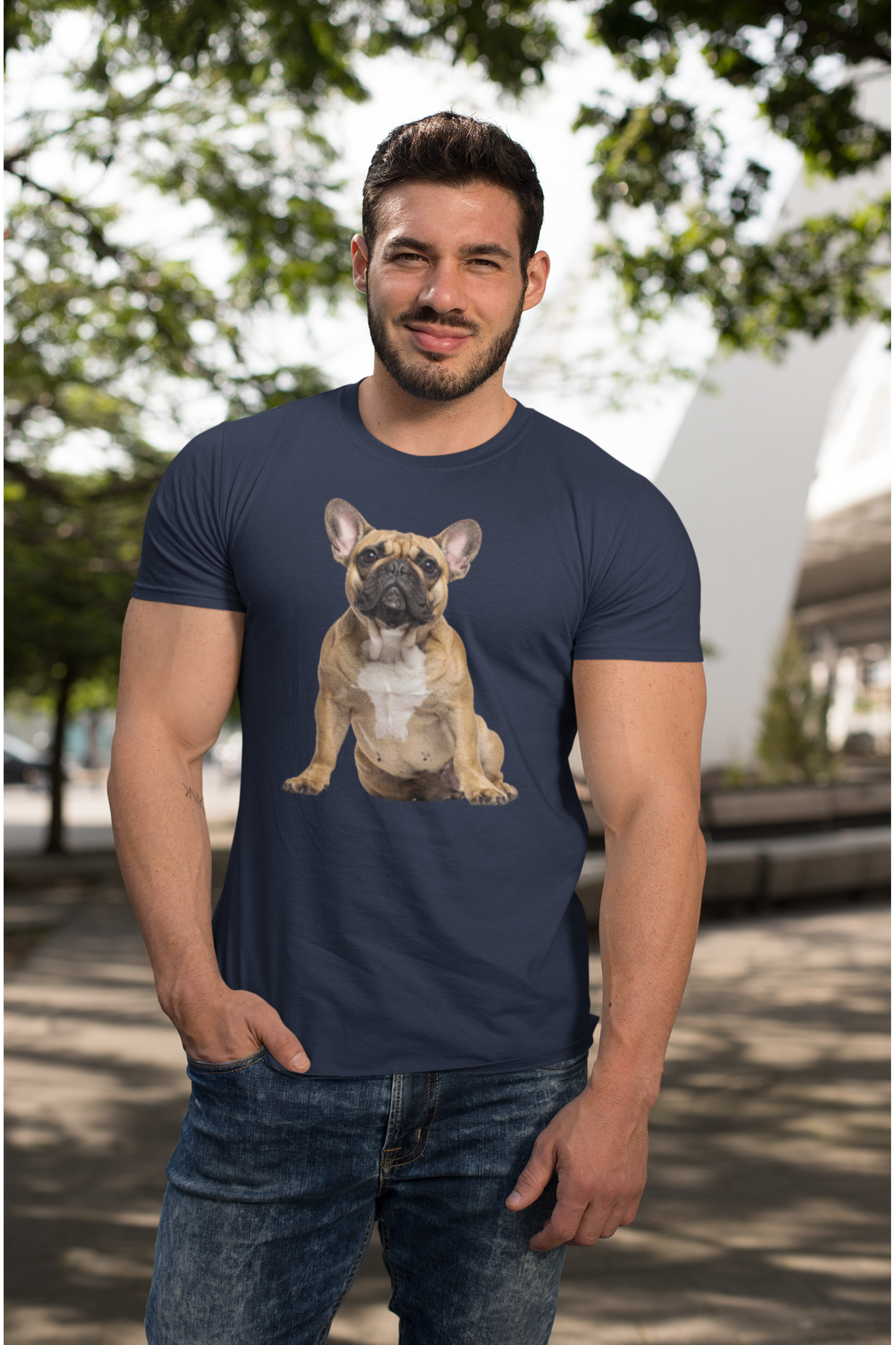 Fawn Frenchie tee in navy – front view