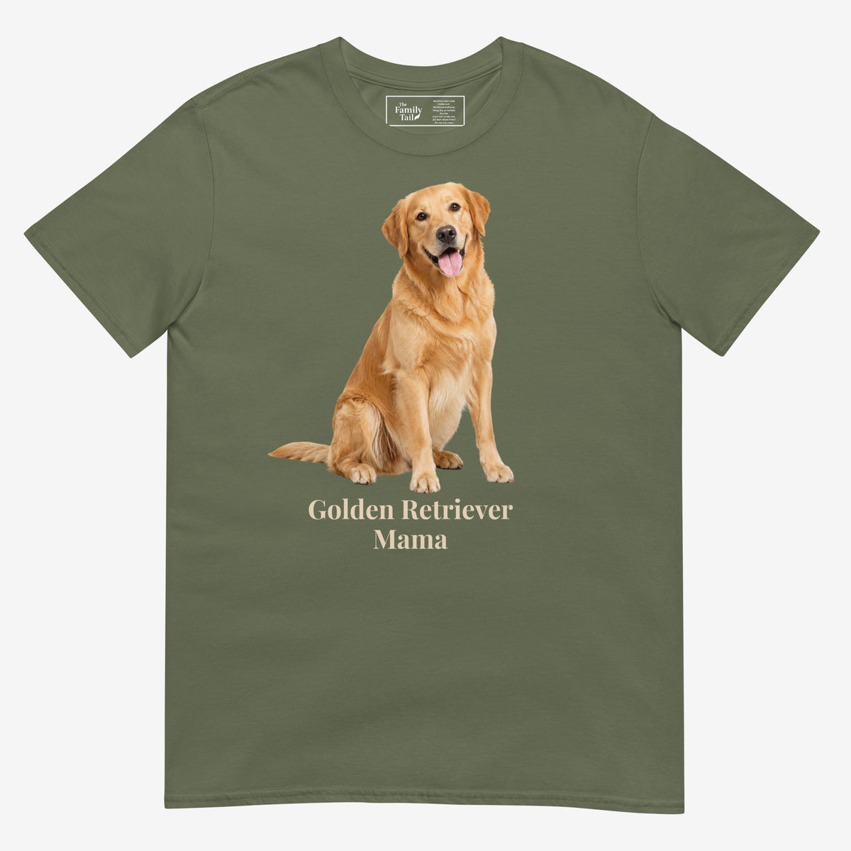 A military green short-sleeve crewneck t-shirt featuring a graphic print of a golden retriever dog sitting above the text 'Golden Retriever Mama' in a dark brown font on a light gray background.