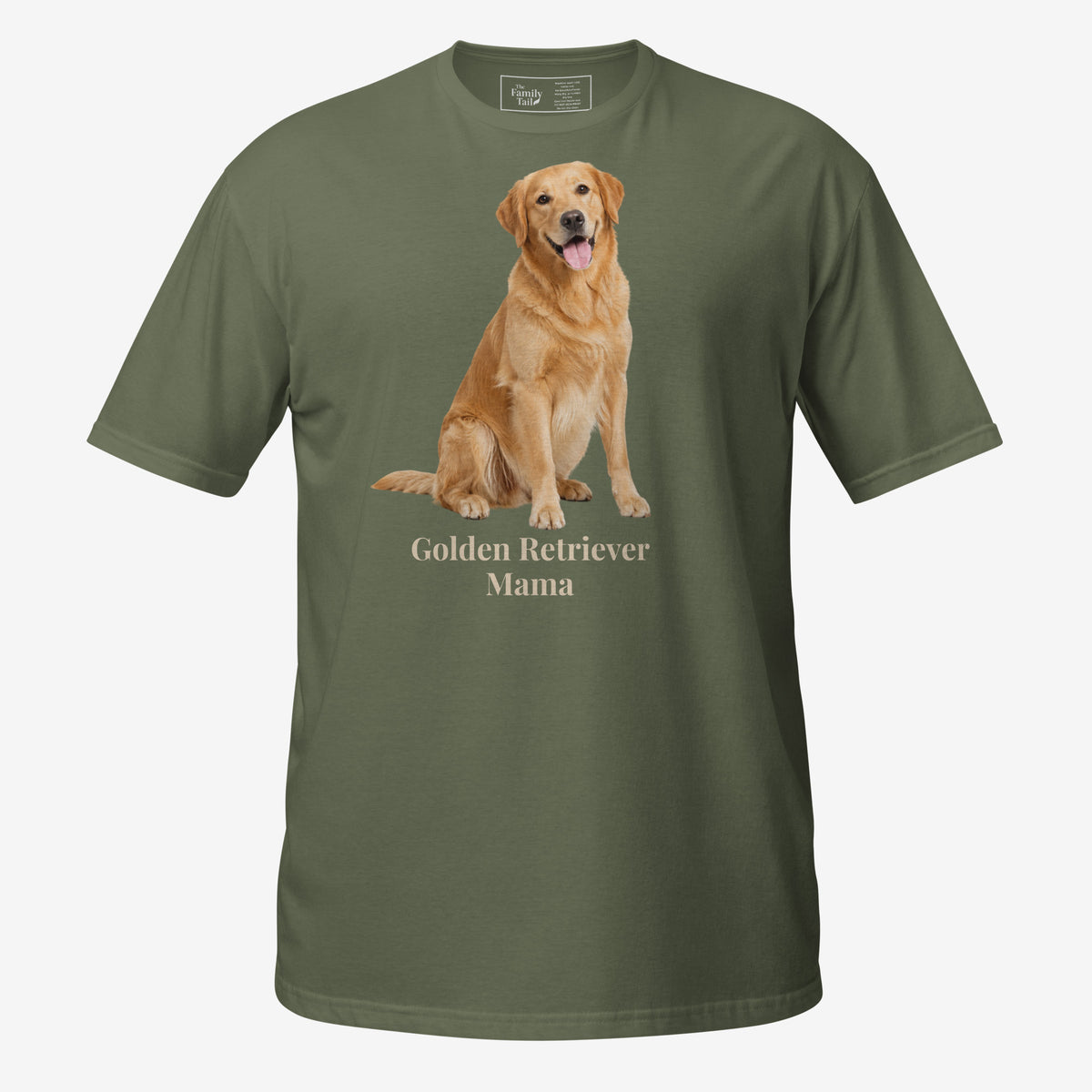 A military green short-sleeve crewneck t-shirt featuring a graphic print of a golden retriever dog sitting above the text 'Golden Retriever Mama' in a dark brown font on a light gray background.