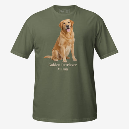 A military green short-sleeve crewneck t-shirt featuring a graphic print of a golden retriever dog sitting above the text 'Golden Retriever Mama' in a dark brown font on a light gray background.