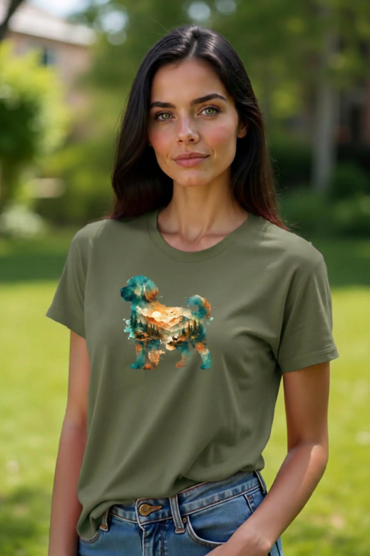 A woman wearing a military green short-sleeve crewneck t-shirt featuring a watercolor-style graphic of a goldendoodle dog silhouette filled with a scenic landscape of mountains, trees, and a lake on a blurred outdoor background.