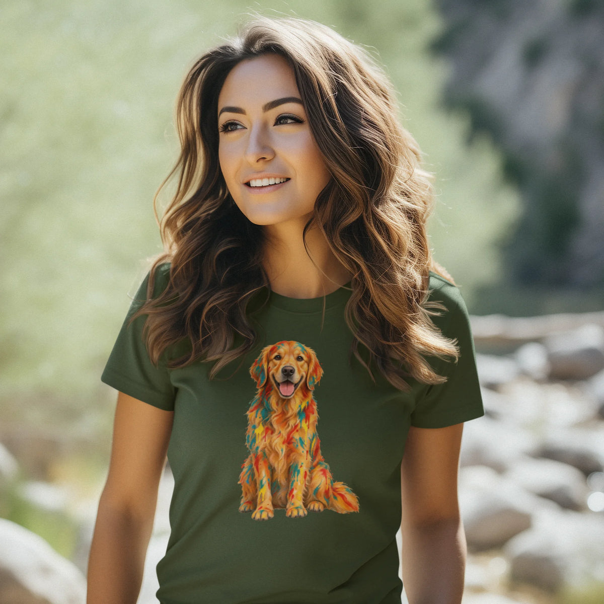 A woman wearing a forest green t-shirt with a colorful geometric patterned Golden Retriever graphic, standing outdoors in a blurred natural setting.