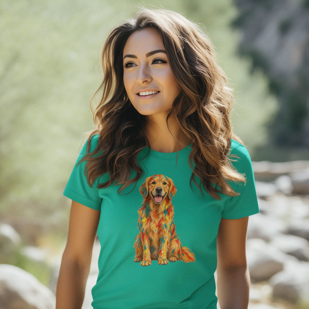 A woman wearing a jade dome colored t-shirt with a colorful geometric patterned Golden Retriever graphic, standing outdoors in a blurred natural setting.