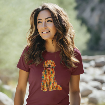 A woman wearing a maroon t-shirt with a colorful geometric patterned Golden Retriever graphic, standing outdoors in a blurred natural setting.