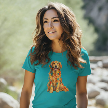 A woman wearing a tropical blue t-shirt with a colorful geometric patterned Golden Retriever graphic, standing outdoors in a blurred natural setting.