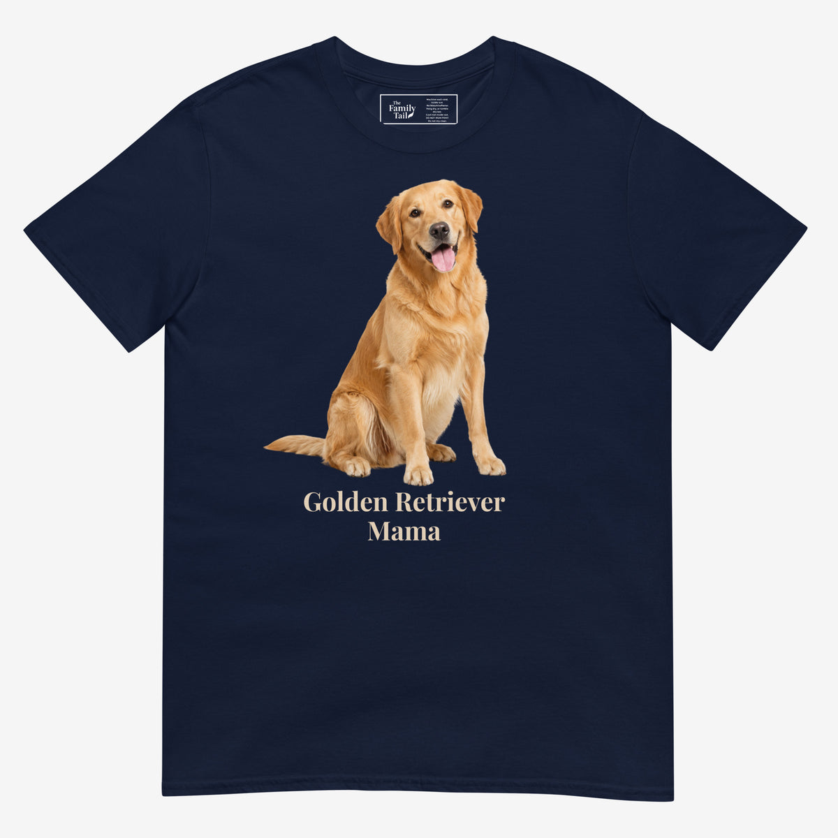 A military green short-sleeve crewneck t-shirt featuring a graphic print of a golden retriever dog sitting above the text 'Golden Retriever Mama' in a dark brown font on a light gray background.