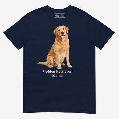 A military green short-sleeve crewneck t-shirt featuring a graphic print of a golden retriever dog sitting above the text 'Golden Retriever Mama' in a dark brown font on a light gray background.