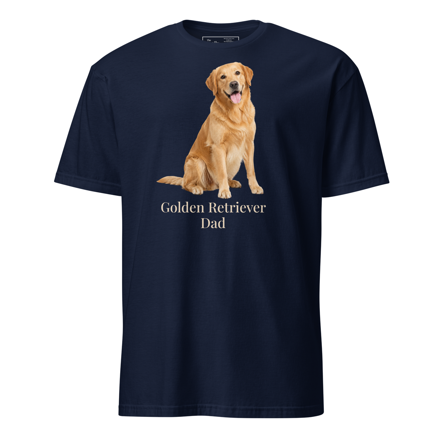 A navy blue short-sleeve t-shirt with a graphic of a golden retriever dog sitting above the text 'Golden Retriever Dad' in beige font, shown on a transparent background.