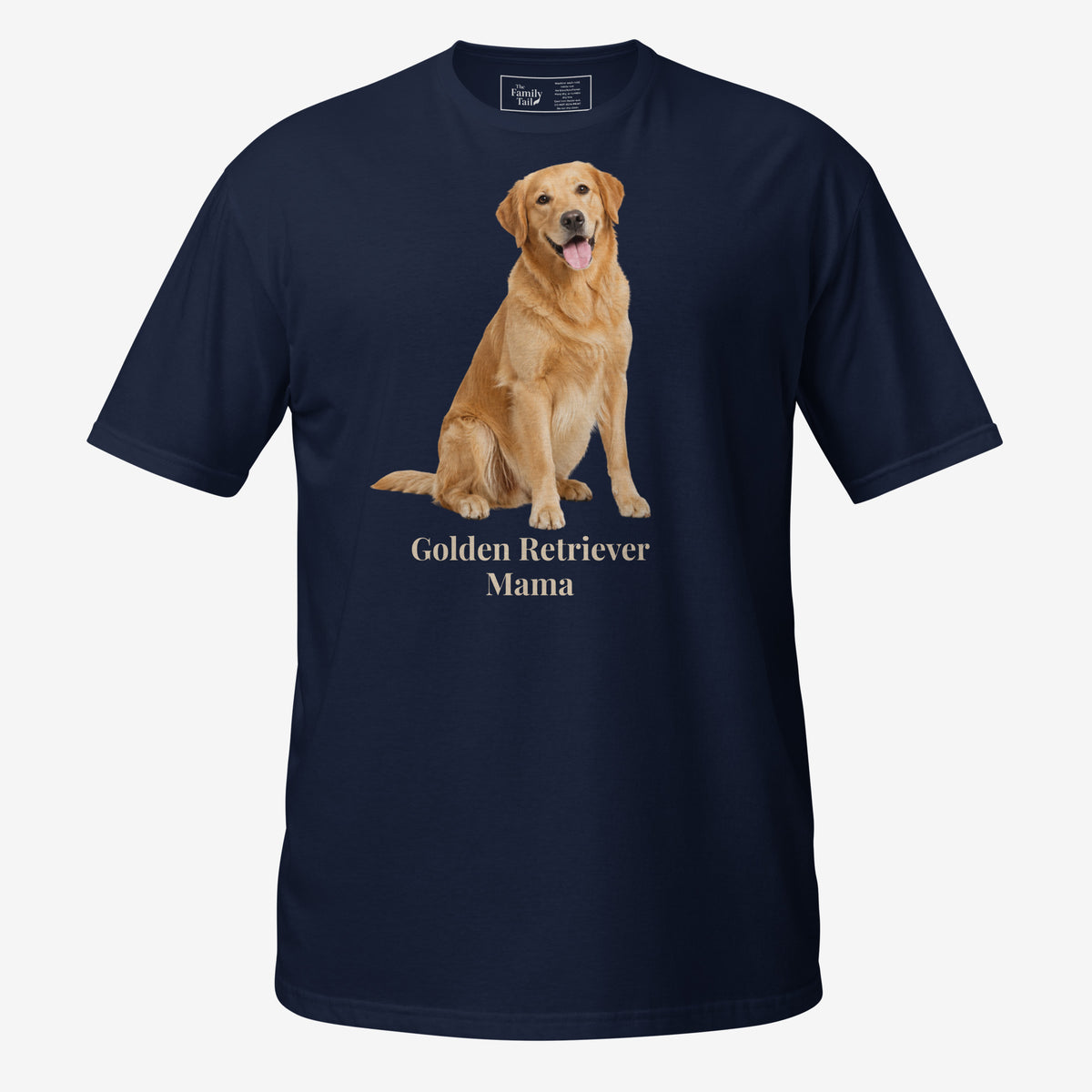 A navy short-sleeve crewneck t-shirt featuring a graphic print of a golden retriever dog sitting above the text 'Golden Retriever Mama' in a dark brown font on a light gray background.