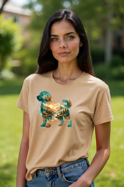 A woman wearing a sand colored short-sleeve crewneck t-shirt featuring a watercolor-style graphic of a goldendoodle dog silhouette filled with a scenic landscape of mountains, trees, and a lake on a blurred outdoor background.