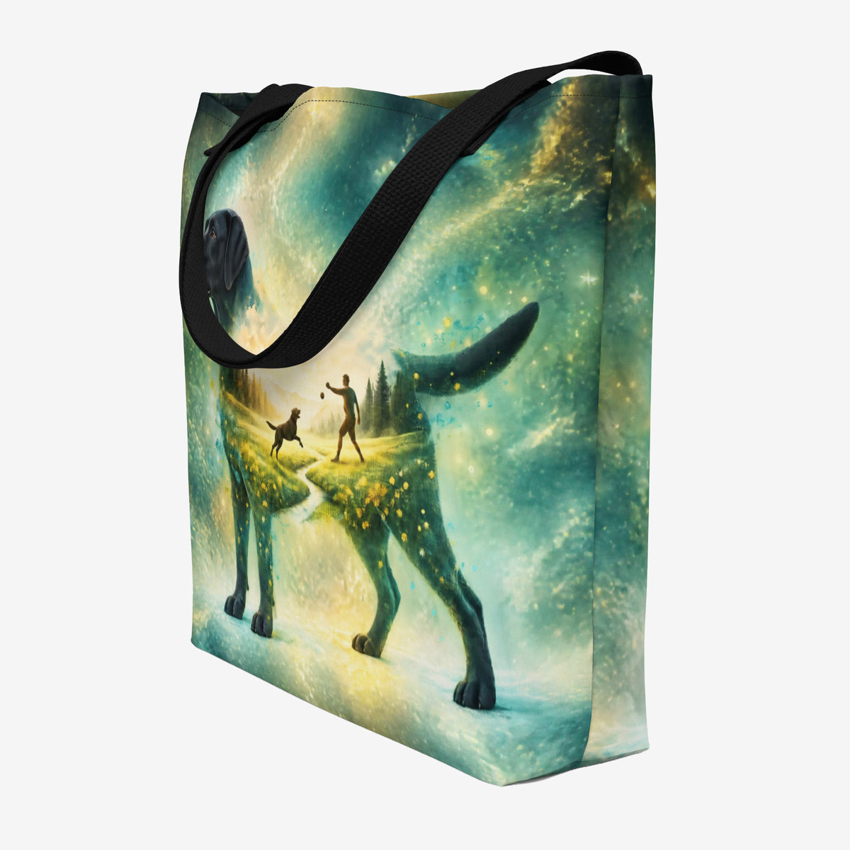 Black Labrador Retriever tote with double-exposure artwork of a person playing fetch beneath a glowing teal and gold sky.

