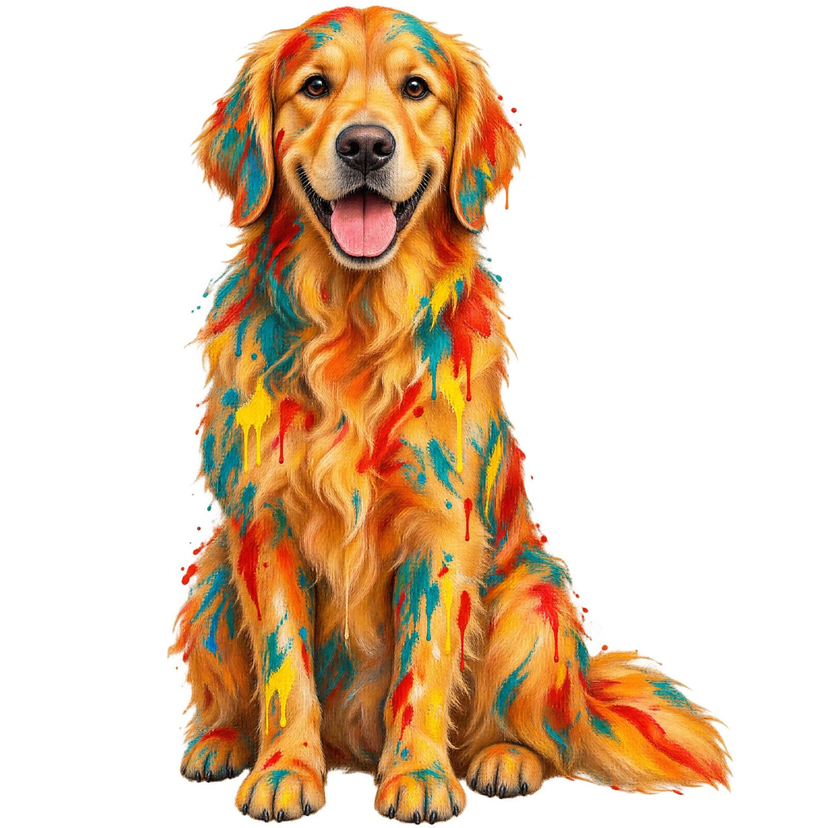 Golden Retriever mosaic art print in orange, yellow, and red geometric pattern