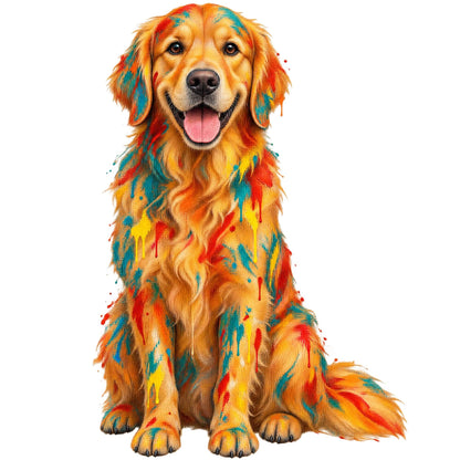 Golden Retriever mosaic art print in orange, yellow, and red geometric pattern