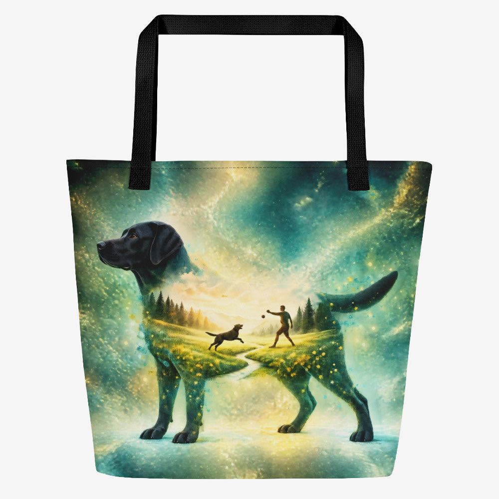 Black Labrador Retriever tote with double-exposure artwork of a person playing fetch beneath a glowing teal and gold sky.


