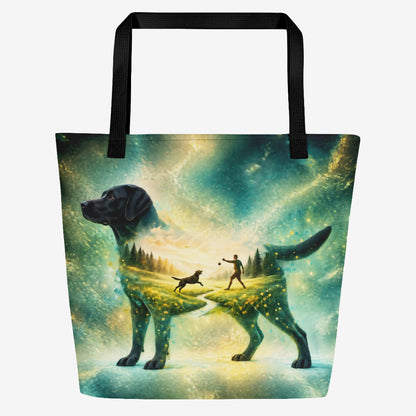 Black Labrador Retriever tote with double-exposure artwork of a person playing fetch beneath a glowing teal and gold sky.

