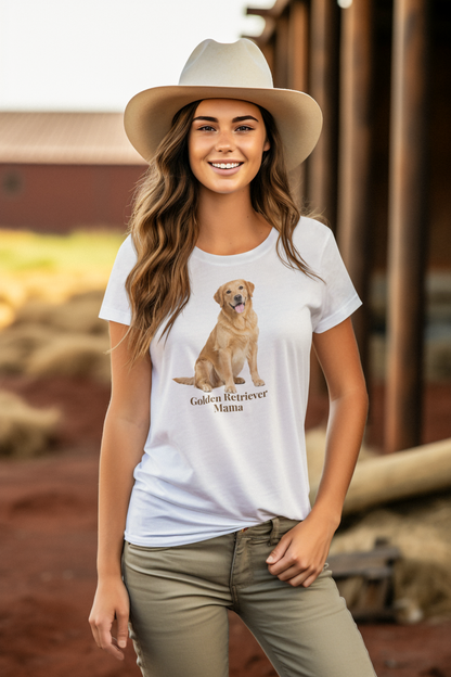 A woman wearing a white graphic t-shirt with a golden retriever print and the text 'Golden Retriever Mama', paired with a light beige cowboy hat and khaki pants, standing in front of a rustic wooden barn.