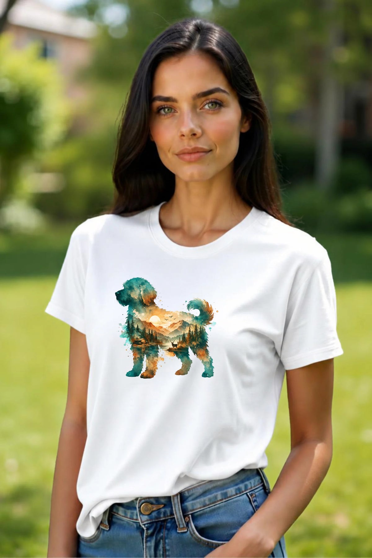A woman wearing a white short-sleeve crewneck t-shirt featuring a watercolor-style graphic of a goldendoodle dog silhouette filled with a scenic landscape of mountains, trees, and a lake on a blurred outdoor background.
